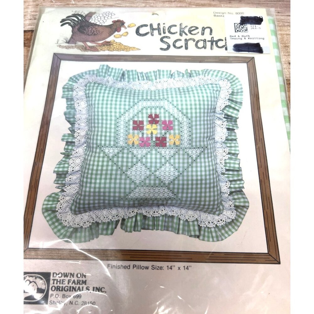Vintage Chicken Scratch Embroidery Pillow Kit Green Gingham 14x14